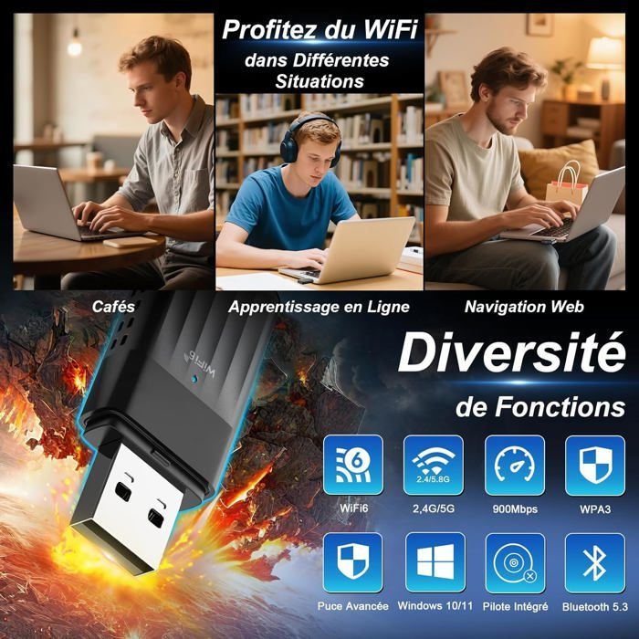 Bluetooth5.3 Clé Wifi 6 Puissante Ax900 Mbps Clé Wifi Pour Pc Nano Adaptateur Usb Wifi Bi-Bande Dongle Wifi Bluetooth Adaptateur Wi