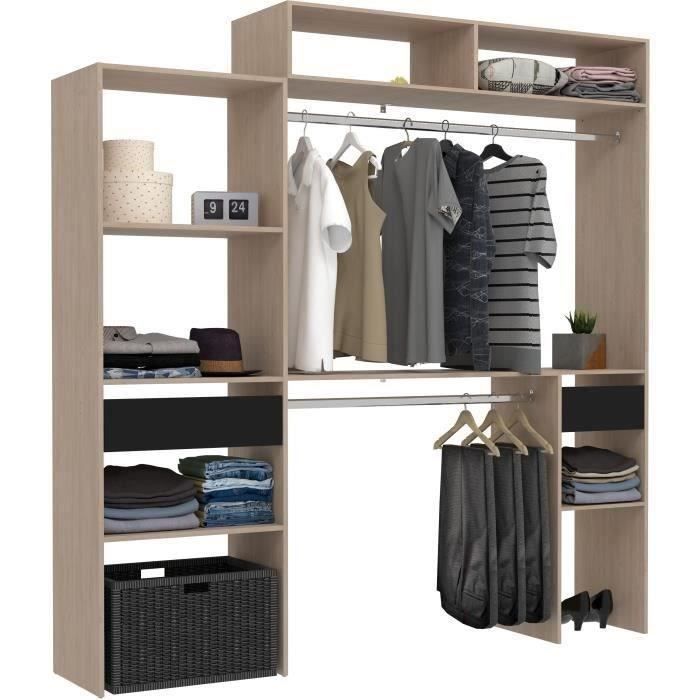 ARTIC EKIPA Extendable Wardrobe Kit - Oak and Black - 2 Hanging Rails + 2 Drawers + Top Unit - W198 x D40 x H202 cm