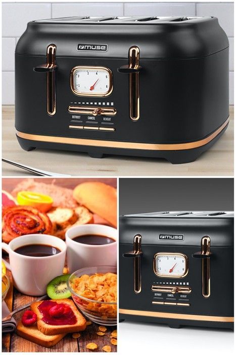 Torradeira de 4 fatias - Vintage - Preto e Dourado - 1800W - 6 níveis de tostagem - Fácil limpeza