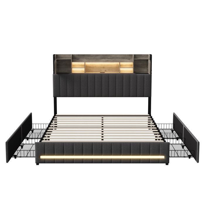 Letto matrimoniale 160 x 200, letto per adulti 160 x 200 con cassetti, con porta USB e LED, testiera con contenitore, cassetto contenitore, biancheria grigia