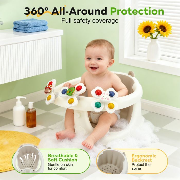 Asiento de baño para bebés 2 en 1 con juguetes, apto a partir de 6 meses, accesorio ergonómico para bañera con 4 ventosas antideslizantes.