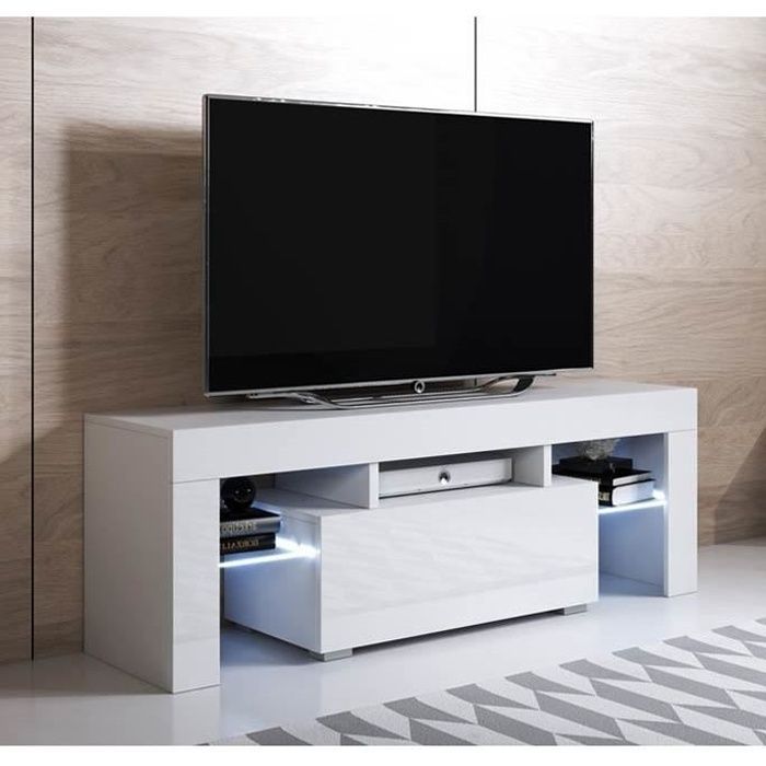 Tv-meubel voor de woonkamer met ledverlichting | Glanzend wit | 1 deur met 3 vakken | 130 x 45 x 35 cm | Model Elio