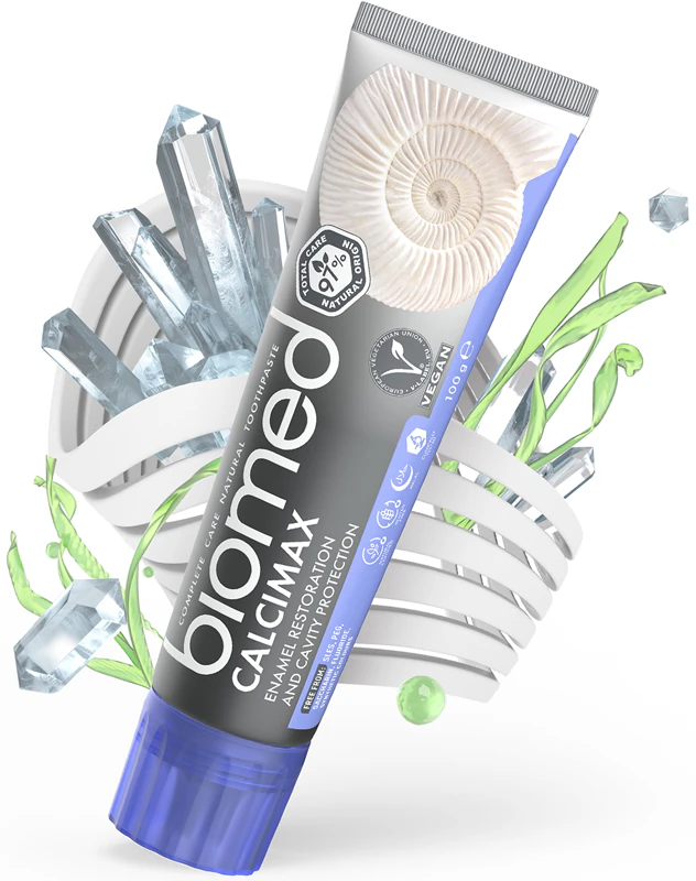 Pasta de dentes Biomed Calcimax fortalece o esmalte com extratos de algas marinhas.