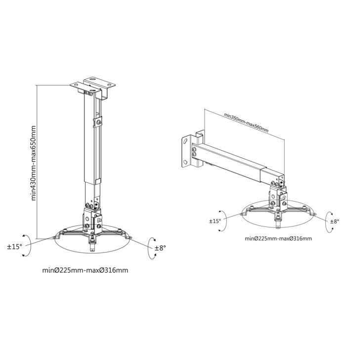 Toboli Support universel pour vidéo-projecteur 20kg Fixation au Plafond, au Mur 43-65cm Bras pivotant Fixation Écran videoprojecteur