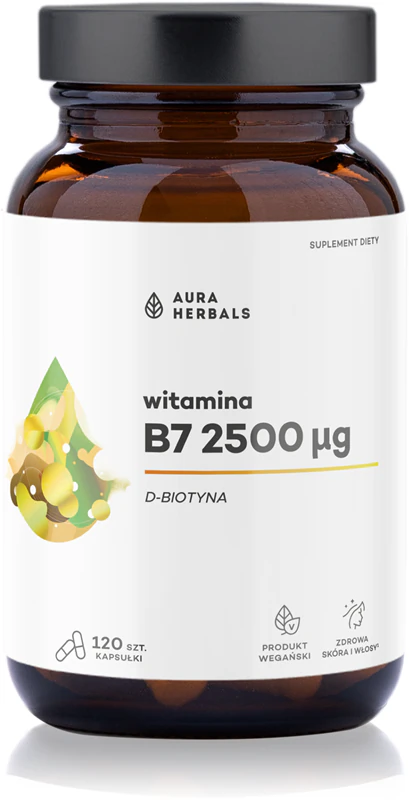 Cápsulas de suplemento alimentar Aura Herbals Vitamina B7 2500 µg D-Biotina para cabelos e pele bonitos.