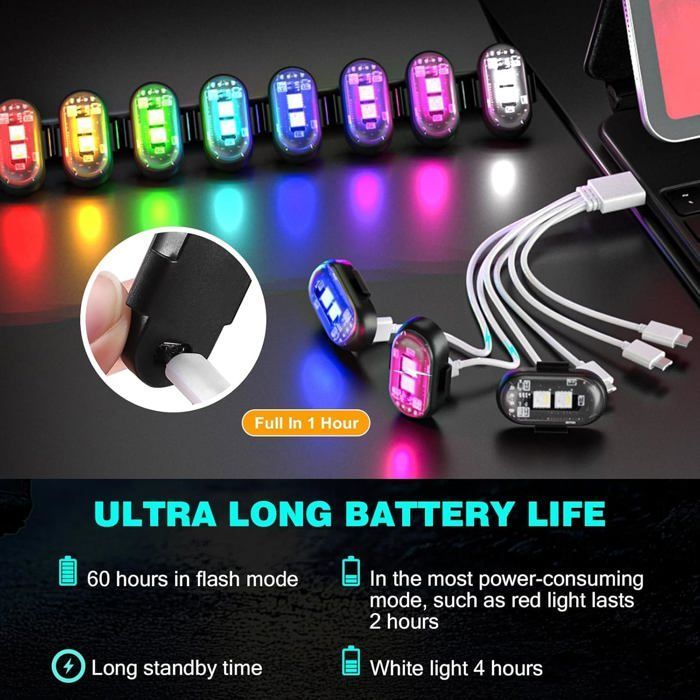 Set di 6 luci stroboscopiche a LED wireless a 8 colori con telecomando - Ricaricabili tramite USB, anticollisione per auto, moto e camion