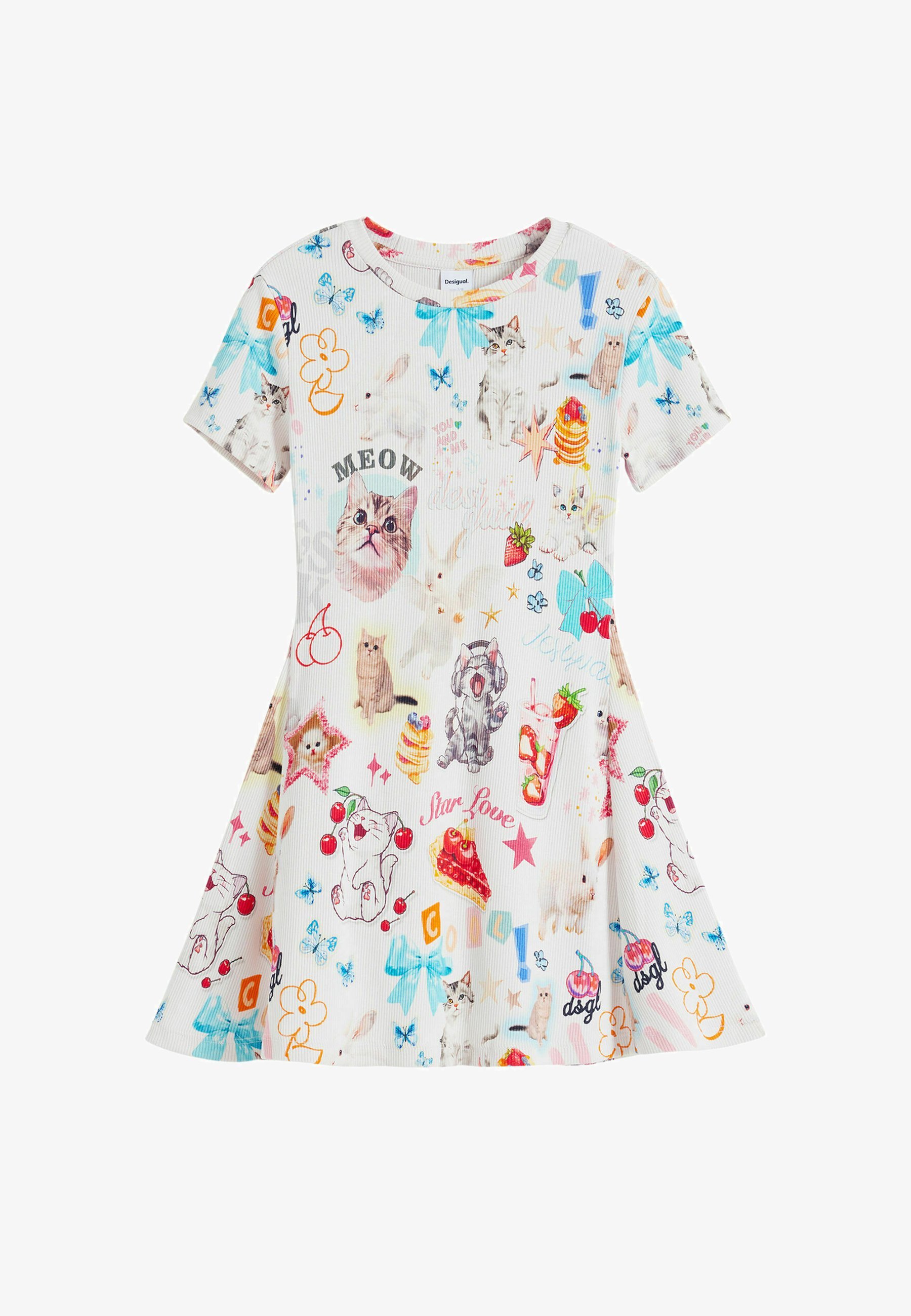 Robe pull Desigual à manches courtes avec motifs chats - blanche