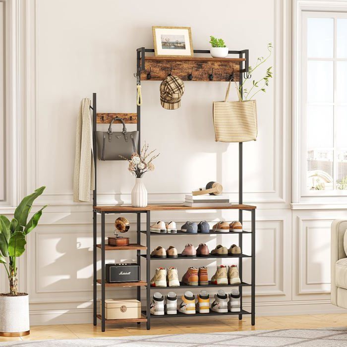 HOOBRO Coat Rack with Shoe Shelf, 3-in-1 Wardrobe, Reversible Side Shelf, Rustic Brown and Black