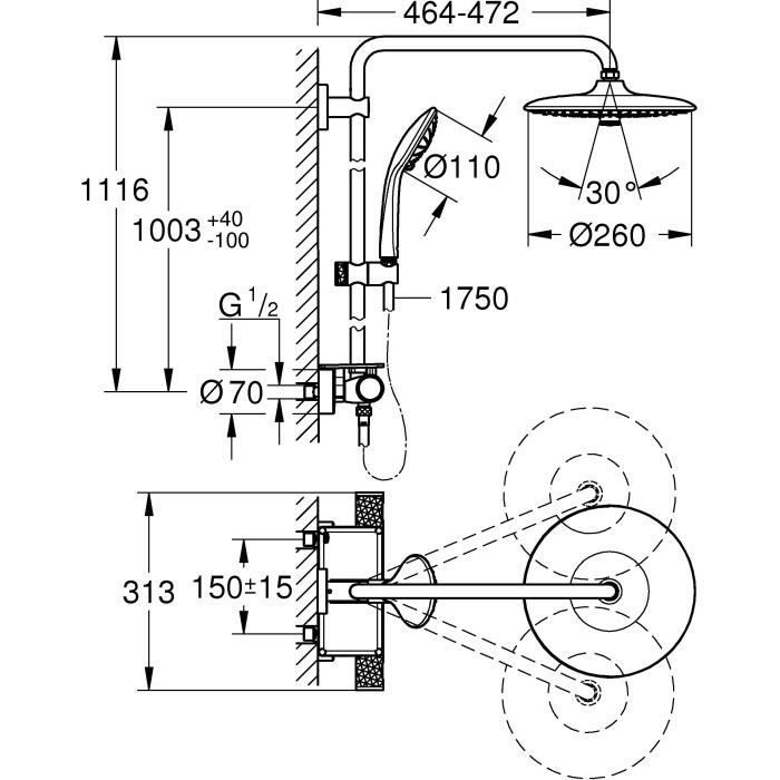 Colonna doccia con miscelatore termostatico GROHE Vitalio Joy 260, soffione doccia da 260 mm, doccetta a 3 getti, finitura cromata, codice 26403002