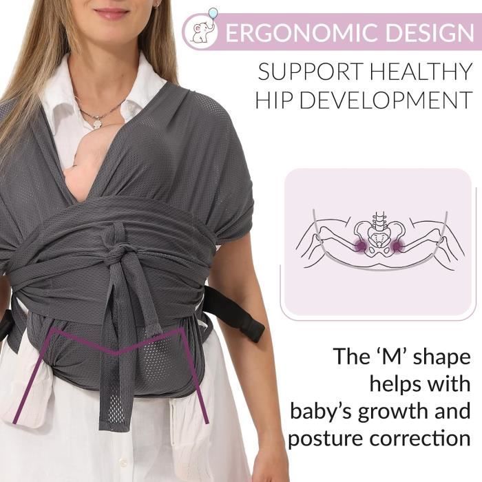 Portabebés tipo fular - portabebés ligero estilo canguro con arnés de pecho para mamá y papá - desde recién nacido hasta 20 kg, Gris 1