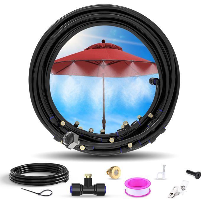 22M Outdoor Misting System, 19 Brass Nozzles for Patio, Parasols, Garden, Trampoline Cooling