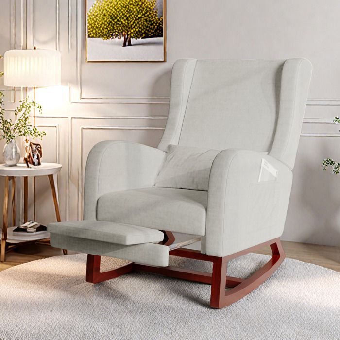 Chaise à Bascule - SOMUBI - Rocking Chair - Tissu Gris - Repose-jambes Télescopique - Poches de Rangement