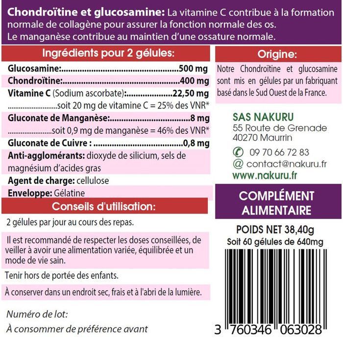 NAKURU | Condroitina + Glucosamina | 60 Cápsulas | Gama Power | Hecho en Francia | 