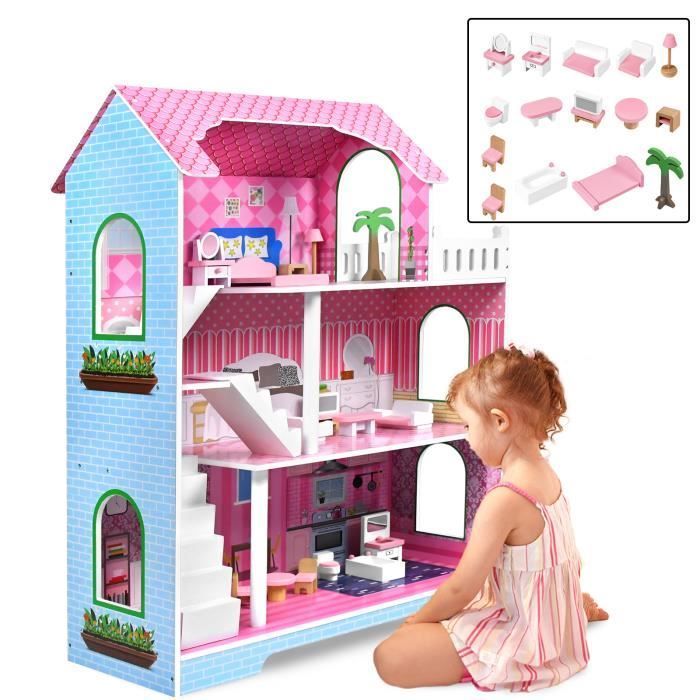 Casa de muñecas - LILIIN - 3 niveles - 11 piezas - Multicolor - MDF de alta calidad
