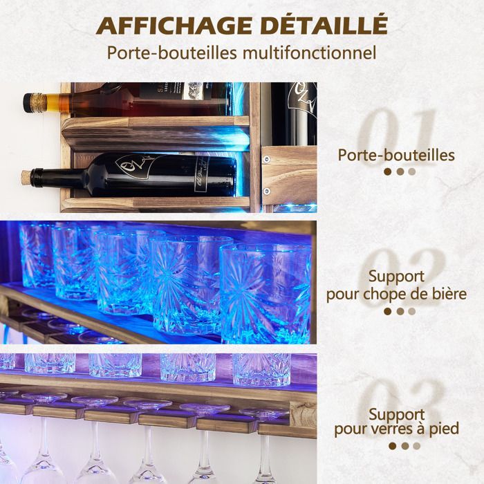 Yorbay Wall-Mounted Wine Rack with LED Lighting, Bottle Storage Shelf and Stemware Holder, Free Assembly and Combination