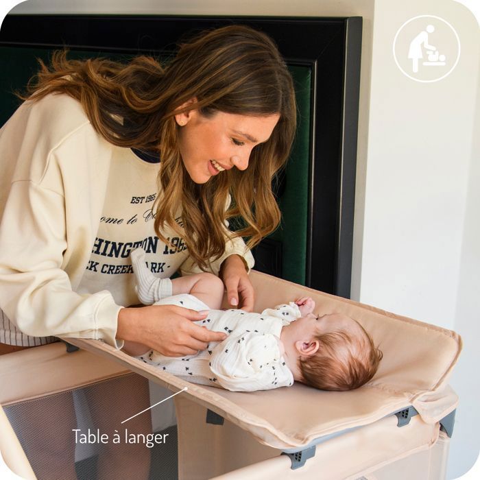 MoMi BELOVE PLUS - Lit parapluie bébé avec matelas, arche de jeux, table à langer + sac - 2 niveaux de couchage - 15 kg - Vert