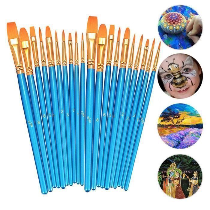 Pinceaux pour aquarelle - Artisanal - 20 pièces - Nylon durable - 10 tailles différentes - Bleu