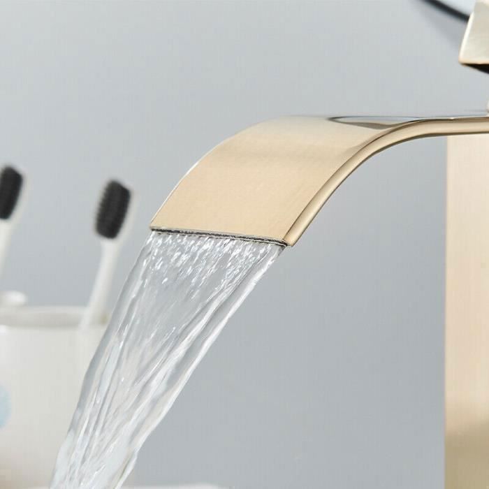 Rubinetto miscelatore per lavabo a cascata in ottone spazzolato color oro - Acqua calda e fredda disponibili