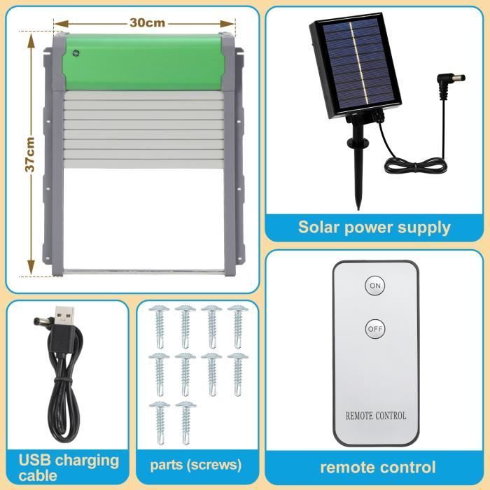 Porta automática para galinheiro - Galinheiro - Energia solar - À prova d'água IP67 - Verde e cinza - 30x10x37 cm