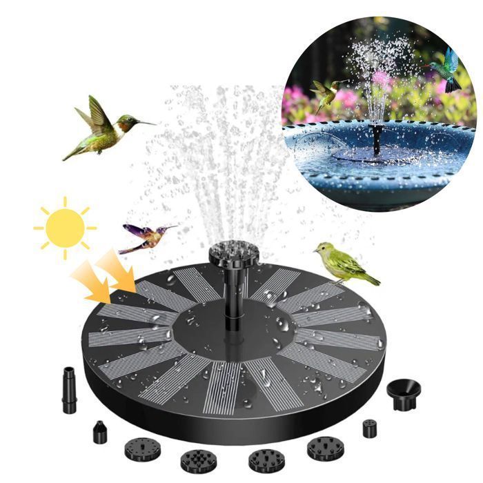 Bomba solar flotante para fuentes exteriores con 6 boquillas para bebederos de pájaros, estanques y piscinas - Muebles de jardín