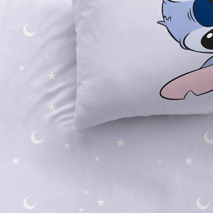 Set di biancheria da letto per bambini con lenzuolo con angoli, 100% cotone - DISNEY STITCH HAPPY - Viola - 140x200+63x63cm + 90x190cm