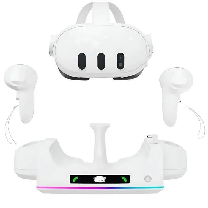 Supporto a parete per Oculus Quest 3/3S con stazione di ricarica, illuminazione ambientale, vano portaoggetti per visore VR, accessorio compatibile con la realtà virtuale.