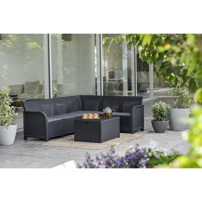 Salon de jardin en imitation résine tressée ALLIBERT avec table basse range-coussins - 6 personnes - SanRemo - Gris graphite