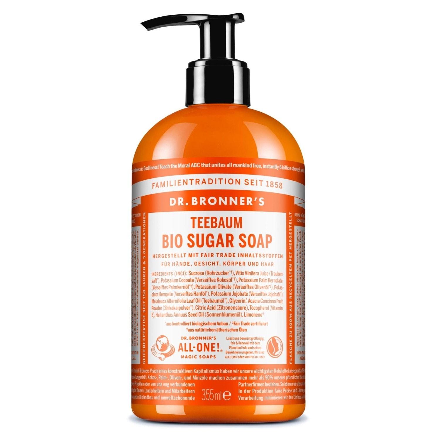 Dr. Bronner's dušo želė su arbatmedžio aliejumi ir ekologišku cukrumi, 355 ml