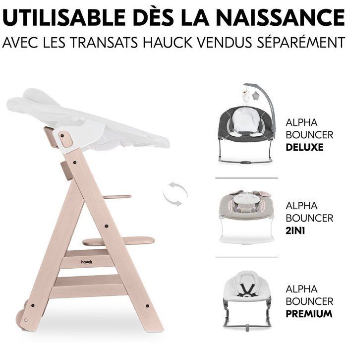 Seggiolone - HAUCK - BETA+ - Regolabile - Da 6 mesi a 90 kg - Legno certificato FSC - Cintura di sicurezza a 5 punti - Ruote - Finitura sbiancata