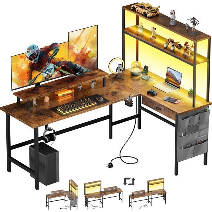 Scrivania HLONONE, 170 x 100 cm, scrivania da gaming a L con illuminazione a LED, tavolo per computer con presa di corrente e porta USB integrate, con cassetto, marrone
