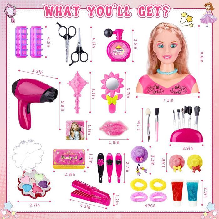 Testa per acconciature da bambina con 35 pezzi, giocattolo per trucco e acconciature, mezza bambola con accessori, regalo di compleanno/Natale
