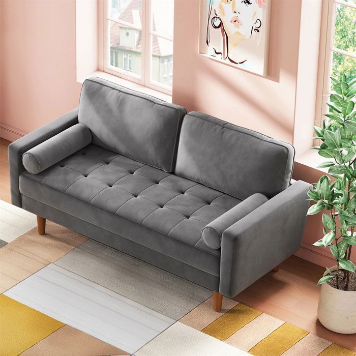 Canapé 2 Places en Velours Gris,Canapé Scandinave avec 2 coussins pour le salon,Fauteuil Moderne capitonné 148 x 78 x 85 cm