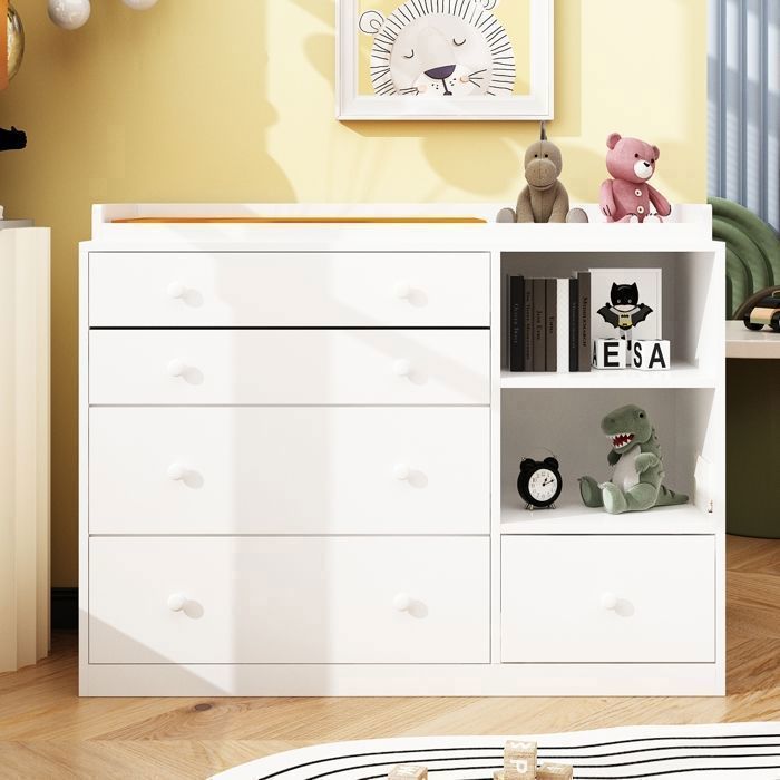 Commode à Langer avec 5 Tiroirs et 2 Compartiments, Table à Langer pour bébé, 120x50x91.5, Blanc