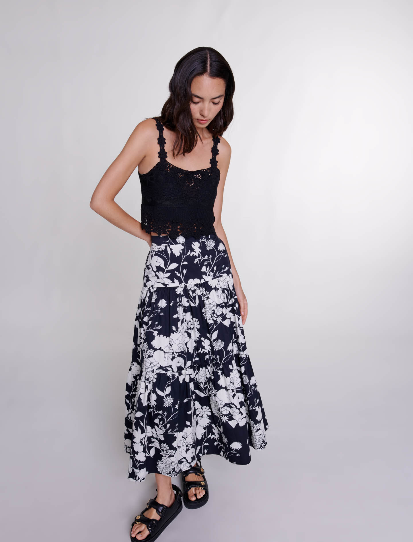 Lange rok met bloemenprint - Bloemenprint écru noir
