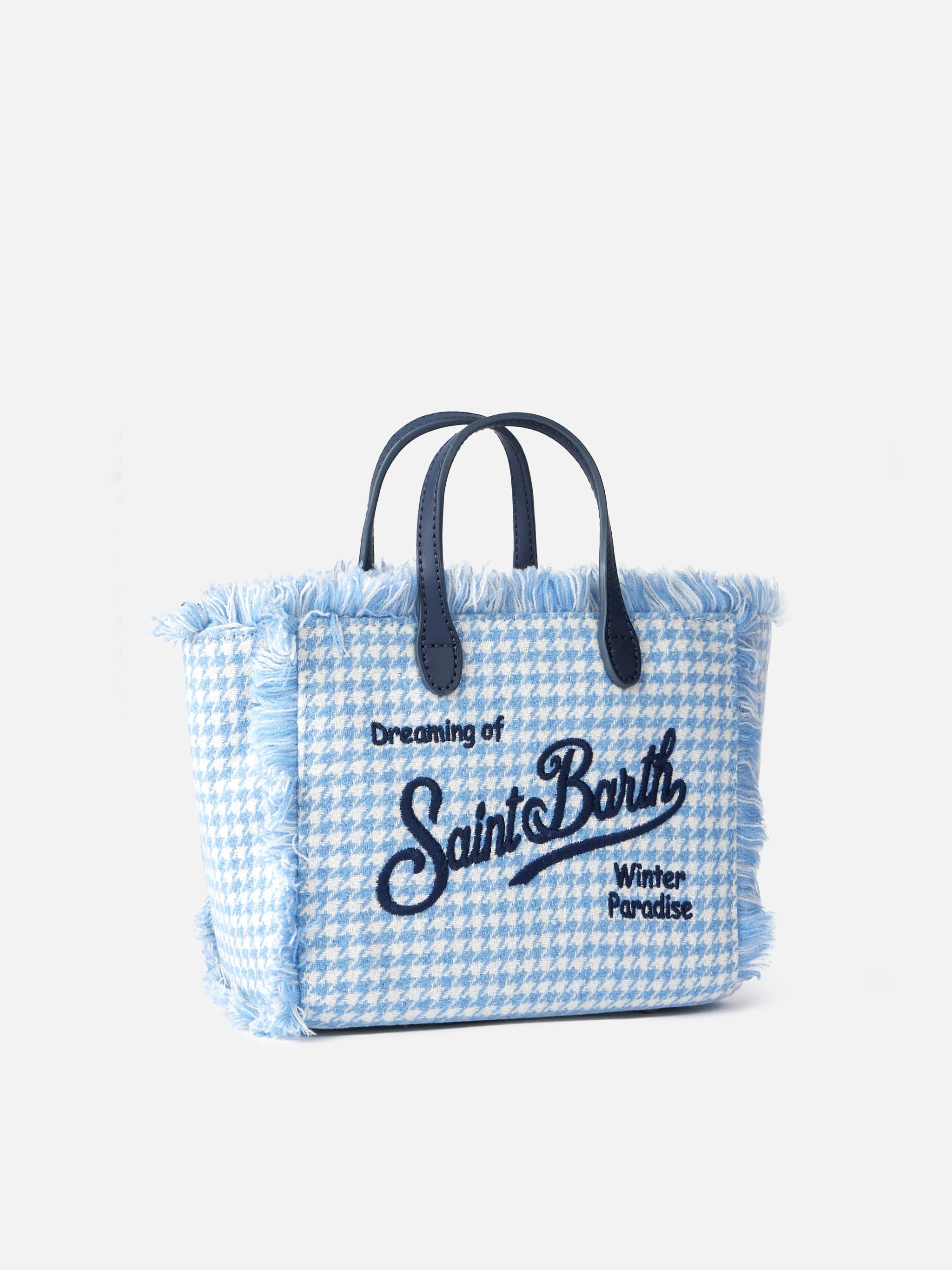 Mini Bolsa Vanity Wooly - Estampa Pied de Poule Azul Claro Brilhante com Bolso com Zíper e Alça de Ombro Removível | MC2 Saint Barth