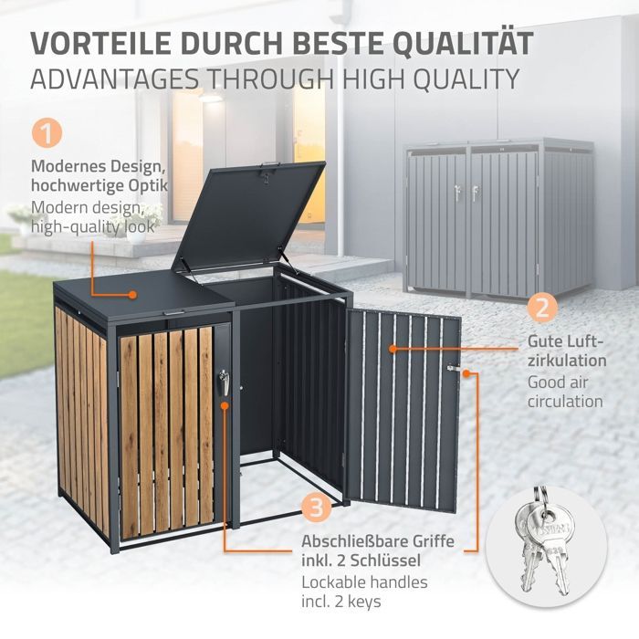 ML-Design Box 2x Poubelles en Acier, 2 Tonnes, 240L, 132x80x116,3 cm, Anthracite/Aspect Chêne, Résistant aux Intempéries, Habillage