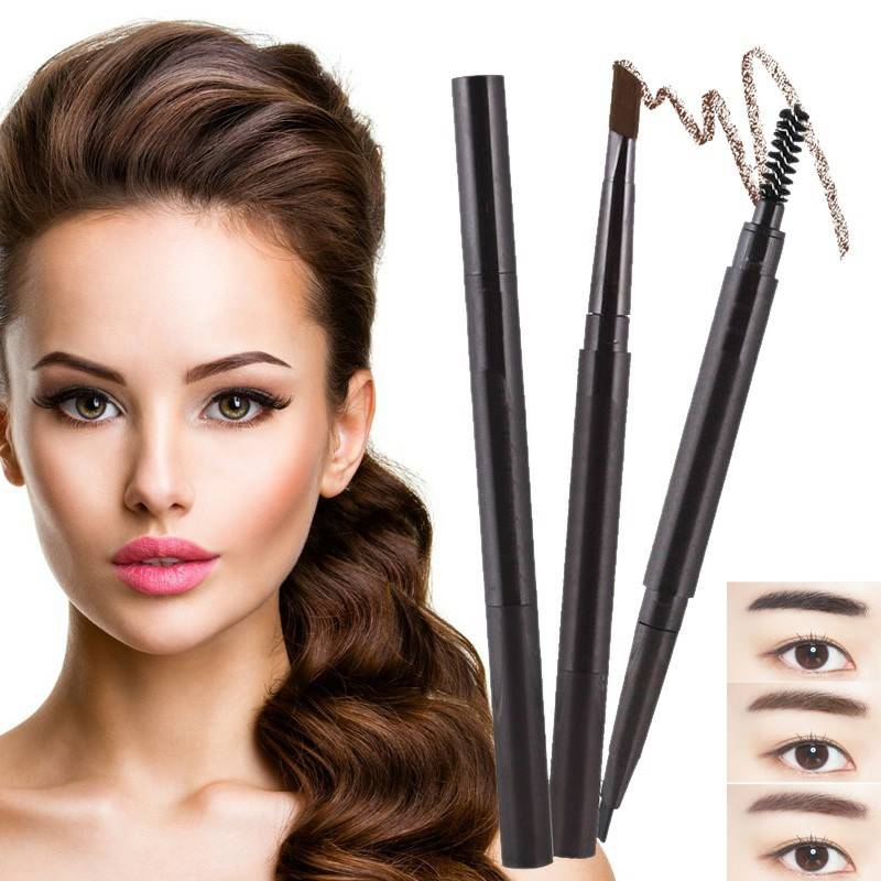 crayon à sourcils automatique double embout cosmétique, waterproof et longue tenue, avec brosse intégrée.