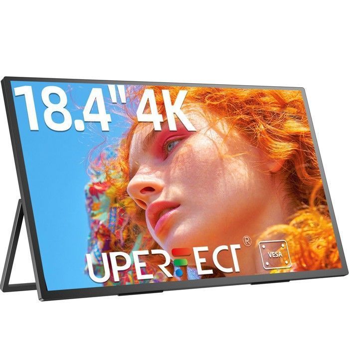Monitor portátil UPERFECT de 18,4 polegadas com resolução 4K UHD (3840 x 2160) e suporte ajustável integrado/compatível com VESA.