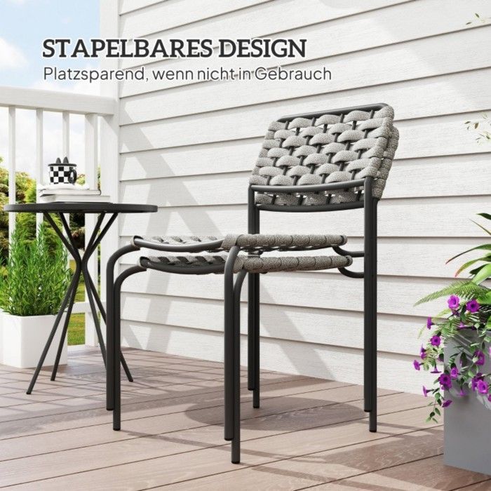 Conjunto de muebles de jardín de ratán sintético gris de 3 piezas con mesa y 2 sillas apilables, resistente a la intemperie.