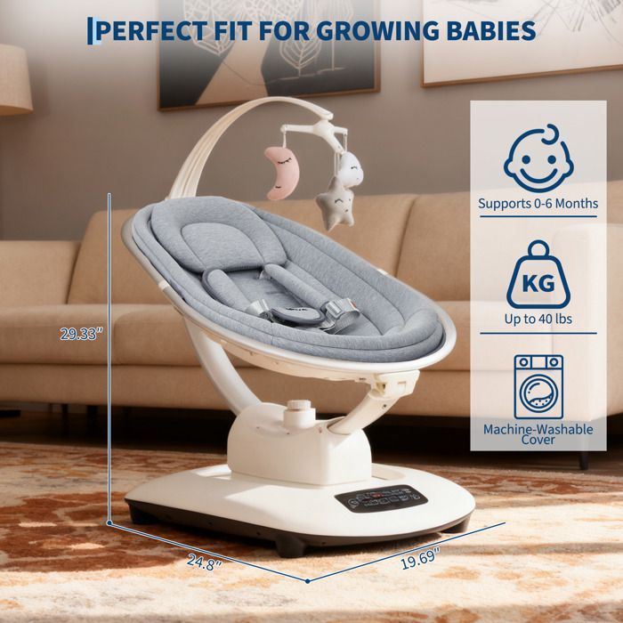 Mecedora eléctrica para bebé con 5 movimientos, velocidad regulable, mando a distancia, reclinable, arnés de 5 puntos y nanas - gris claro