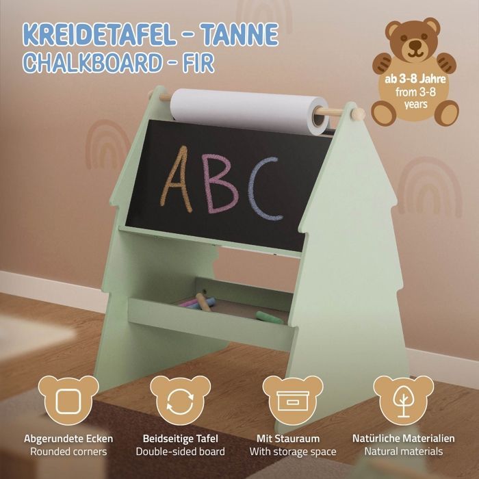 Joyz Tableau Enfant Double Face Design Sapin 68x60x80 cm Etagère en Bois Vert Nature avec Tige pour Rouleau de Papier