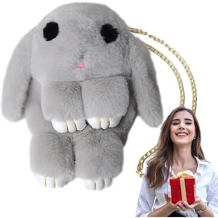 Bolso de hombro adorable, bolso de peluche para niños, bolso de animales de dibujos animados, bolso de mano de conejo de peluche, gris claro PZCC