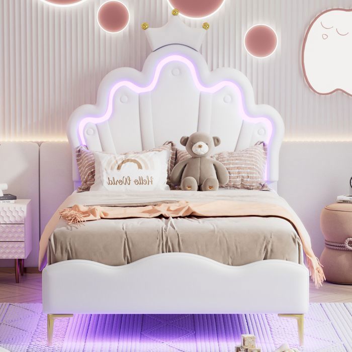 Cama infantil de 90x200 cm - IN THE CLOUDS - NMONET - LED - Cabecero en forma de corona - Blanco