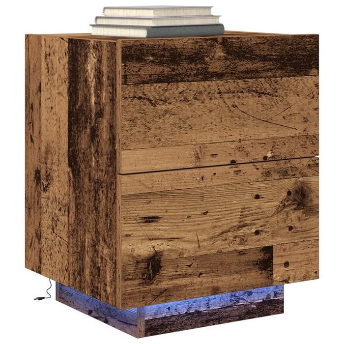 Table de chevet - Vieux bois - 2 tiroirs - LED intégrées - 45x40x55 cm