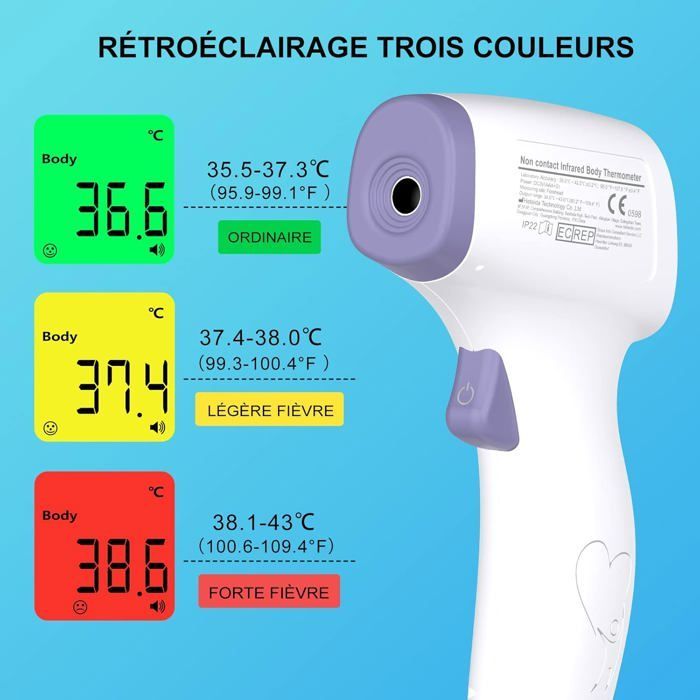 Thermomètre Frontal Adulte, Thermometre Infrarouge pour Enfant, Thermometre Numérique sans contact, Écran LCD, Fonction Mémoire
