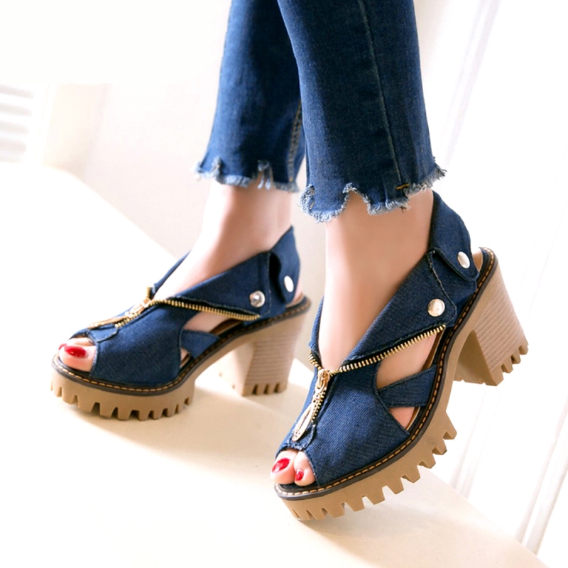 Sandales compensées en jean à fermeture éclair pour femmes, talons hauts, chaussures d'été décontractées, grandes tailles