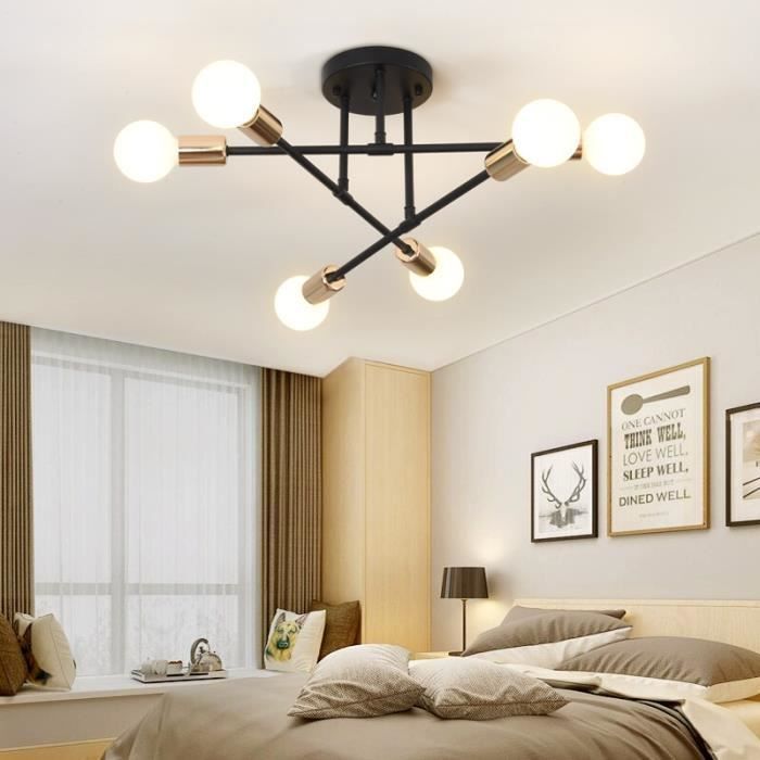 SNO Sputnik Lustre, 6 Lumières Moderne Plafonnier Lustre Noir, E27 Plafonnier Industriel, Luminaire Suspension Vintage en Metal