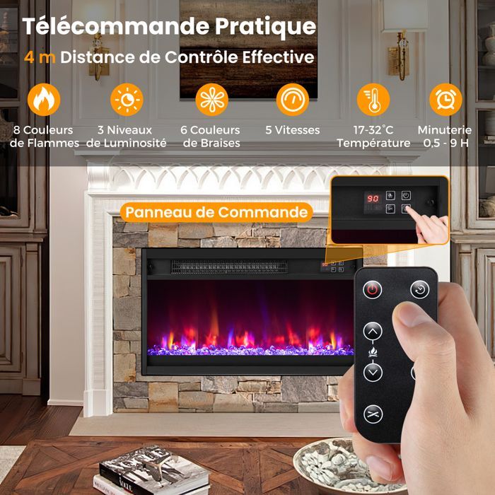 Caminetto elettrico GOPLUS da 1500 W, 23 pollici, effetto fiamma 3D e 8 colori, 3 livelli di luminosità, temperatura regolabile da 17 a 32 °C, timer da 9 ore, lunghezza 61 cm.