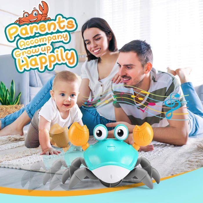Caranguejo bebê que anda, dança e canta, desvia automaticamente de obstáculos, recarregável, com LED e música, brinquedo para bebês de 3 a 6 a 12 meses.