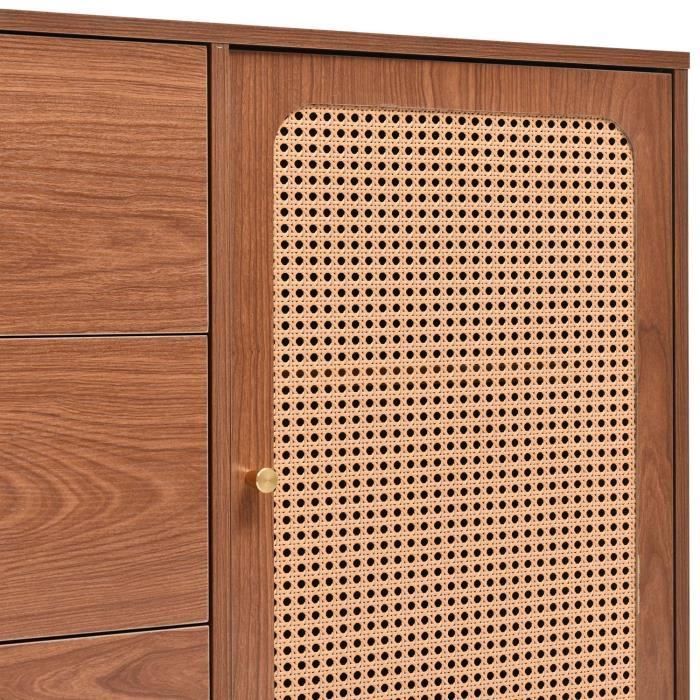 Sideboard mit 2 Türen und 3 Schubladen, lackierte MDF-Platte und Naturrattan-Geflecht – B 150 x T 40 x H 90 cm, Metallbeine, Nussbaum